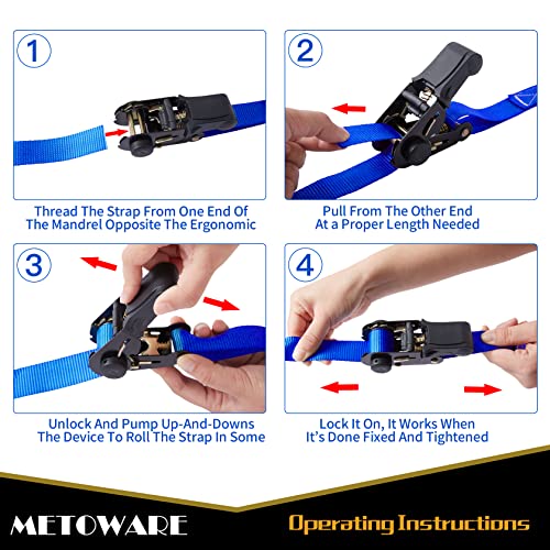Metoware Ratchet Strap, Tie Down Straps (4 Pack) 1" X 15Ft & 4 Soft Loops - 588 Lbs Load Cap 1764 Lbs Breaking Limit, Ratchet Strap Heavy Duty, Motorcycle Tie Down Straps, For Lawn Equipment (Blue) #TOP5