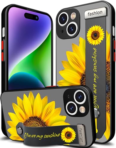 Cisland Compatible for iPhone 14 Plus Case Cute with Strap Stand Finger Kickstand, Designer Cool Silicone Cases Funda Cover - Yellow Sunflower
