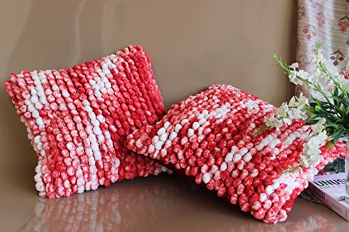 Image of Monstera Hut Boho POM POM Red Velvet Cushion Cover Pack of 2, (Cushion Cover 16x16inch) (40.6 x 40.6 cm)