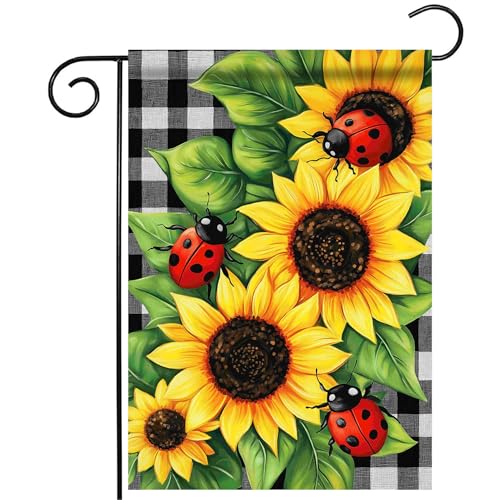Morigins Spring Garden Flag Double Sided Ladybug Sunflower Flower Buffalo Plaid Farmhouse Yard Flag Summer Seasonal 12.5×18 inch