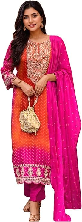 Festliche Chinon-Seide für Damen mit bestickter gerader Kurta mit Hose und Seidenmischung, bedruckte Dupatta-Sets