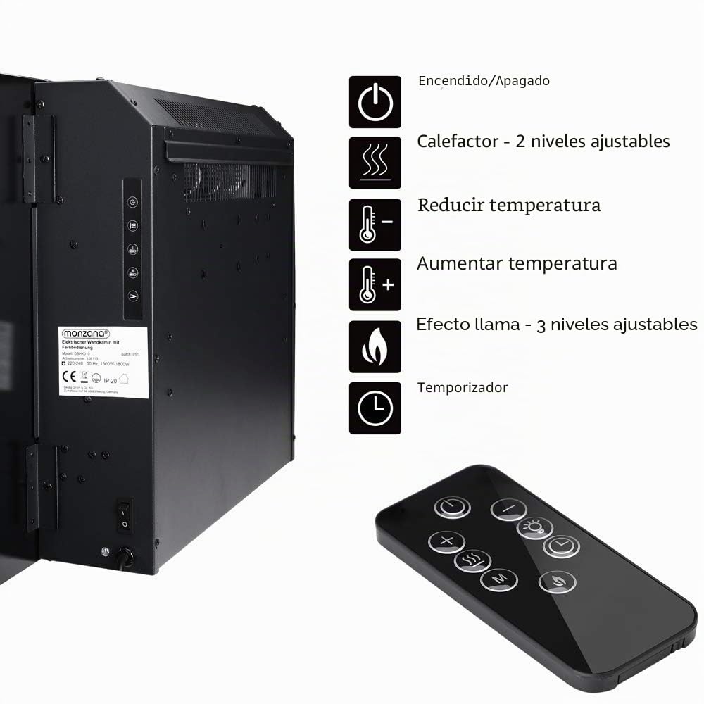 MONZANA® Chimenea Eléctrica de Pared 900W/1800W Mando a Distancia Estufa Fuego Artificial Termostato Temporizador