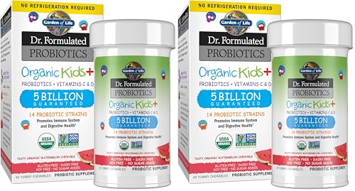 Image of Garden of Life Dr. Formulated Probiotics Organic Kids+ Plus Vitamin C&D-Watermelon-Gluten,Dairy&Soy Free Immune-&Digestive Health Supplement,No Added Sugar,30 Chewables (Shelf Stable),(Pack of 2)