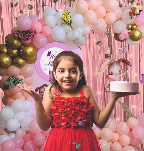 Image of Birthday Party Balloon Decoration Set, Pink and Gold Theme, Bunny and Butterfly Design, 67 Pieces