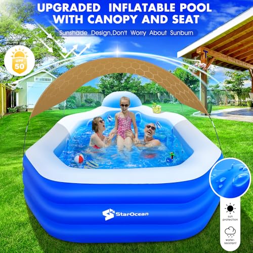 StarOcean Inflatable Pool with Canopy,Large Inflatable Swimming Pool for Kids,Adult,Blowup Pool with Seats,Backrest.Durable Thickened 125"x75"x25"Inflatable Family Pools for Backyard-Khaki