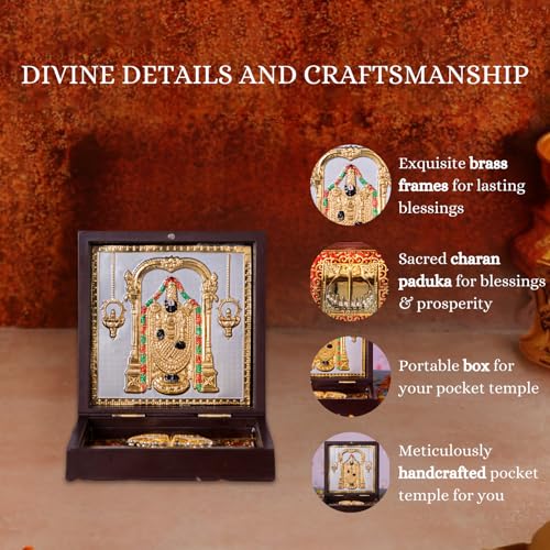 Image of Balaji Venkateshwara Pocket Temple for Wedding Gift, Housewarming Gift & Pooja Room Decor | Gold Plated Photo Frame with Charan Paduka - 4.5 Inches