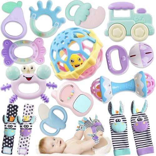 15 Piezas Juguetes para Bebé, Sonajas para Bebe, Mordedera para Bebe, Sonajero Calcetines y Muñequeras, Estimulacion...