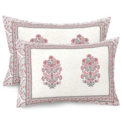 Image of elanorhomes Pure Cotton Floral Pillow Covers Set of 2 (27x18) - Rosy Glow with Zip Closure, 180 TC, 68 x 45 cm, Multicolor