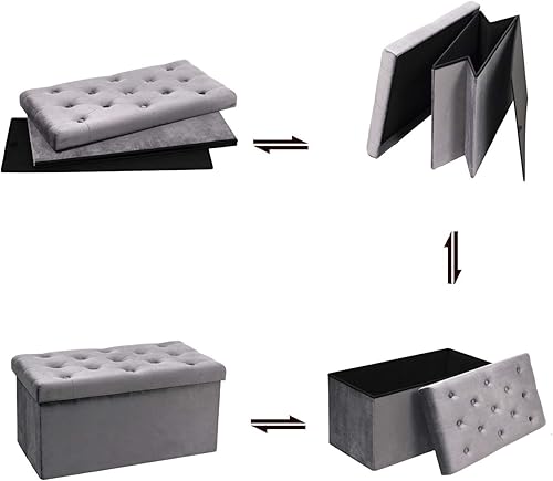 Miniatura 8 de Generate PINPLUS - Otomana plegable con almacenamiento, banco largo de terciopelo gris otomano, cubo de juguetes con bandeja reposapiés, asiento