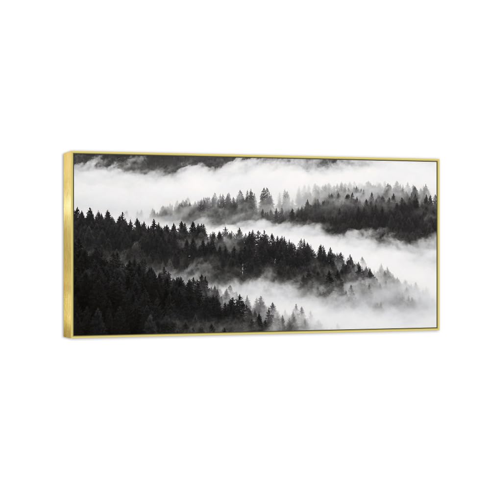 Tree Clouds 4 Black White Landscape Canvas Picture 50x100cm Gold Frame