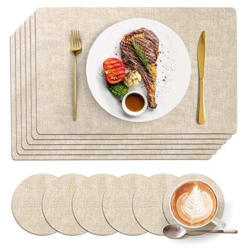 KintKita Faux Leather Placemats Set of 6 Size 18x 12 Stain & Heat Resistant Table Place Mats with Free Drink Coasters Waterproof Table Mats for Dining Table Indoor & Outdoor Use (Beige)
