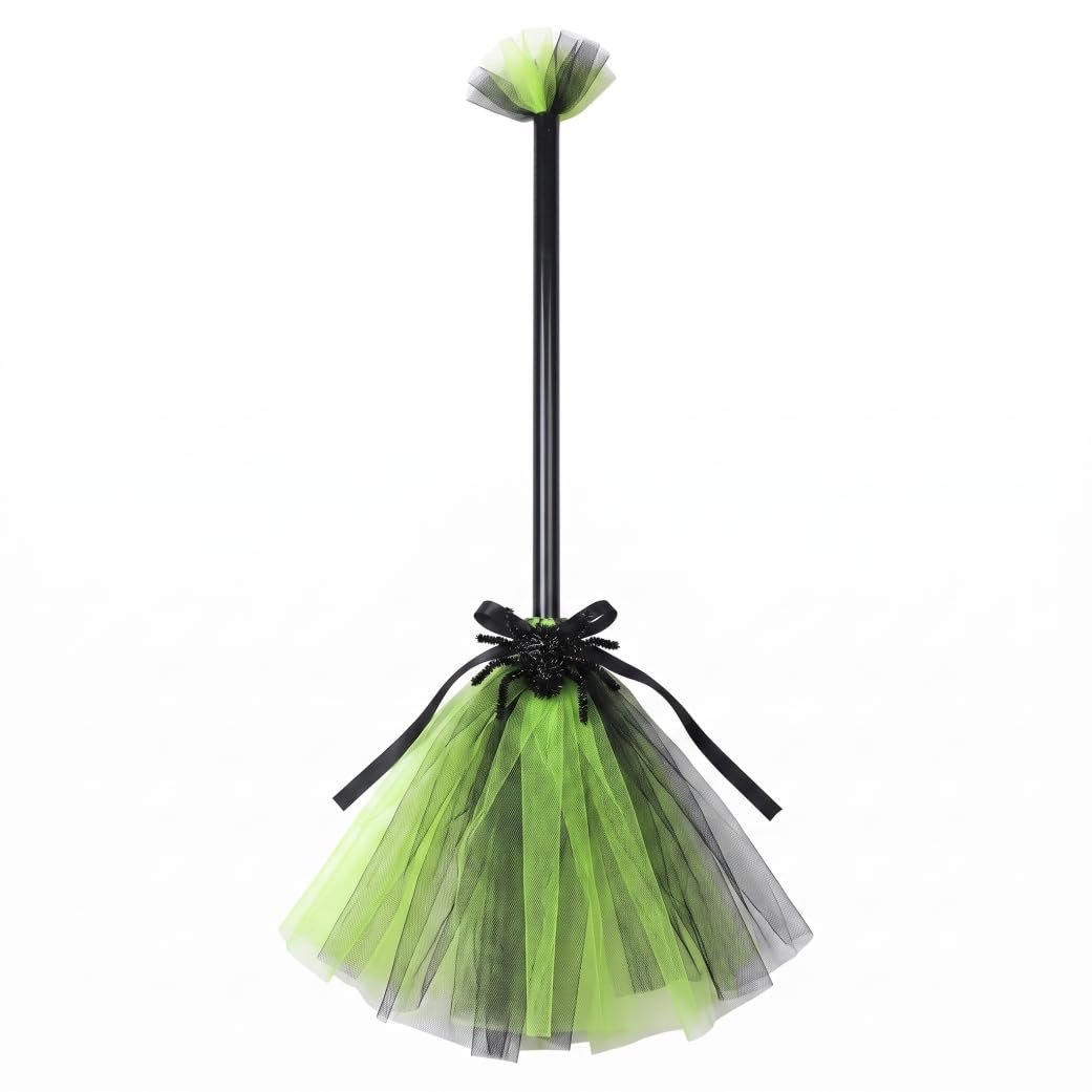 Witch Broom Halloween Kids Costume Accessory Witches Broom With Tulle & Spider Decor Fluorescent Green