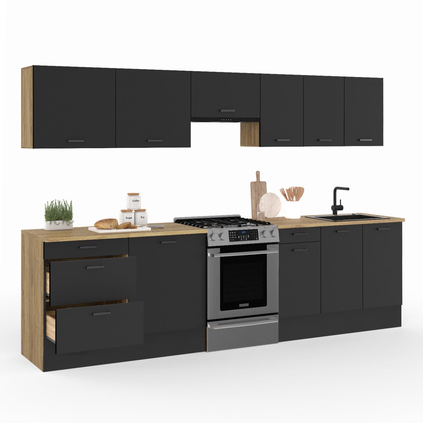 IDMarket - Cuisine complète casserolier 300 cm Subtil avec Plan de Travail 9 éléments Bois et Noir