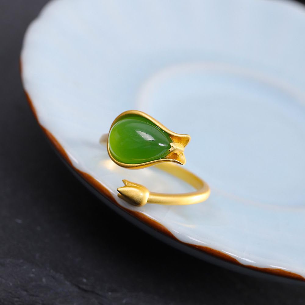 WBDWWTD Ring aus S925-Silber mit natürlicher jadegrüner Tulpe