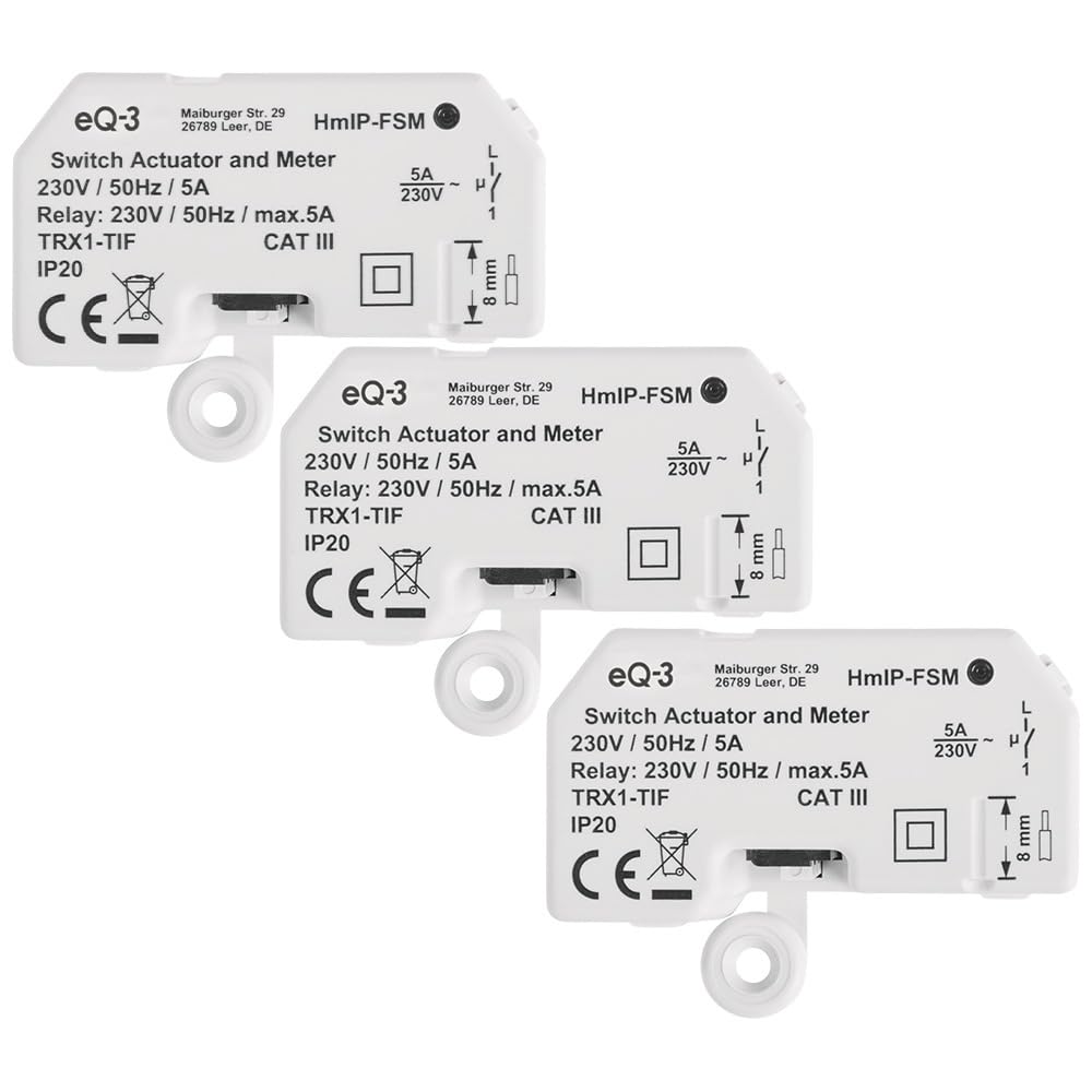 Homematic IP Schalt-Mess-Aktor – Unterputz, 3er Set, Smart Home, Aktor misst Strom, steuert Geräte und Leuchten per App, Alexa & Google Home, Energie sparen, 142721A0