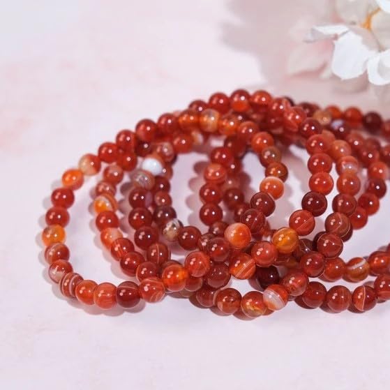Miniatura 3 de SofiaCreations Handmade Red Banded Agate Crystal Beaded Bracelet, Natural Carnelian Gemstone Crystal 8mm Round Beads Stretchy Bracelet, Healing