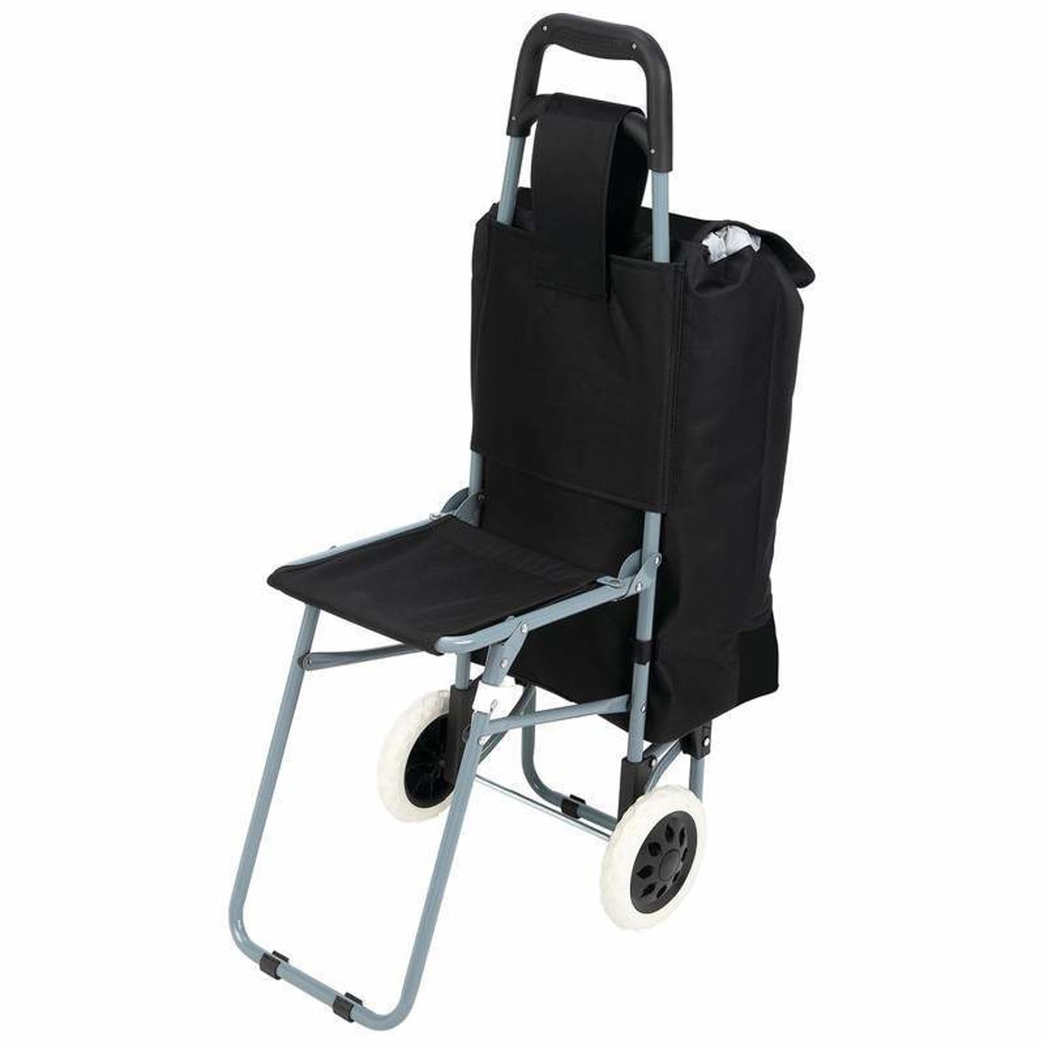 Aluminum Shopping Trolley Bag with Wheels and in-Built Sitting Stool | 90x45x33.5 cm (30 Liter Bag) - Black