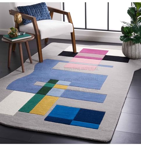 Image of Hand Tufted Irregular Unshaped Designer Woolen Carpets for Living Room Bedroom and Hall Size 4x6 Feet (120x180 cm) Color A2 Grey & Multi