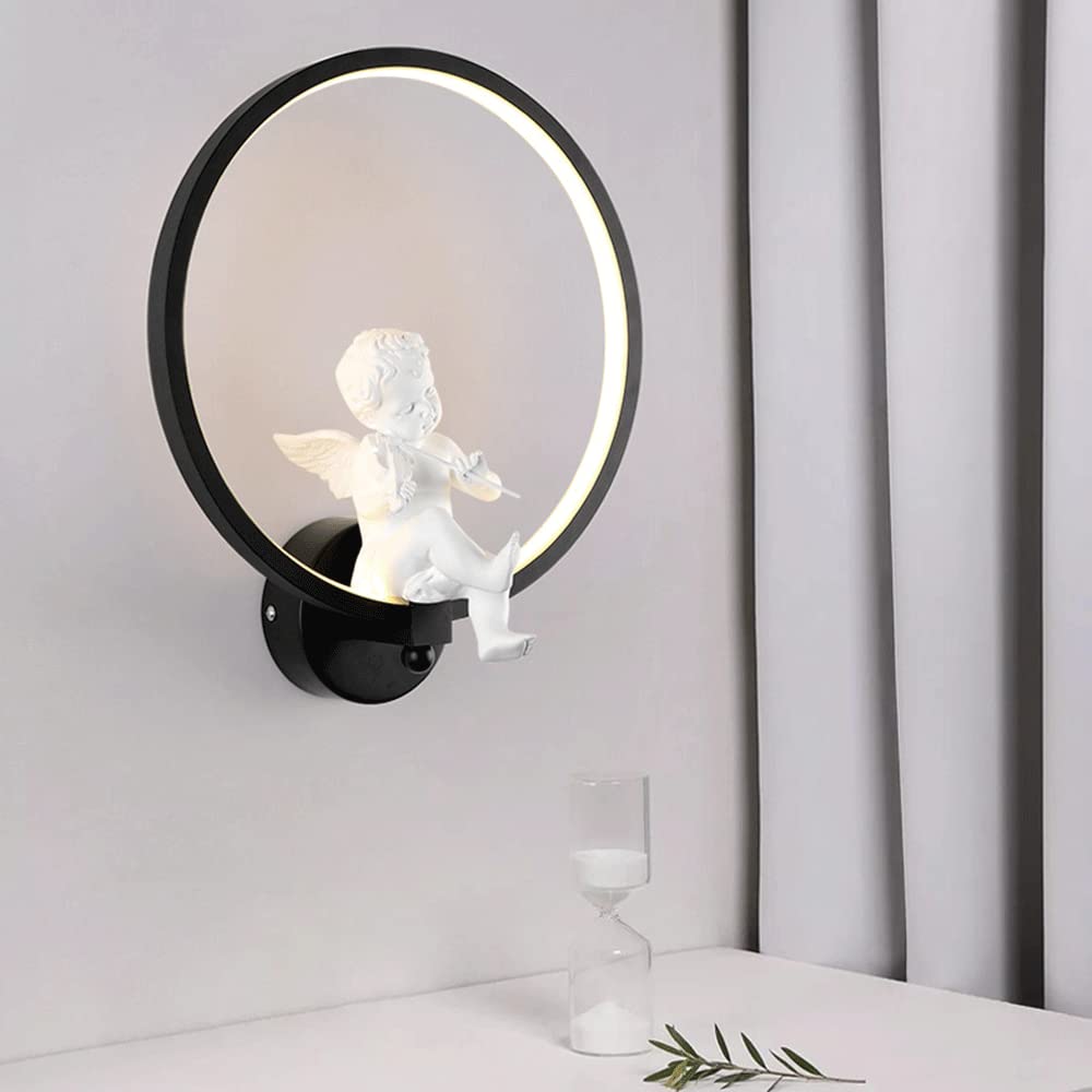Kinkiety do sypialni, czarna lampa ścienna z białym aniołem, nowoczesna lampa ścienna LED 19 W, kinkiety nocne, proste dekoracyjne kinkiety do pokoju dziecięcego