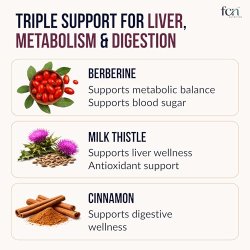 Image of FCN - Berberine HCL 97% Supplement 800mg, Supports Metabolism, Hormonal Balance for Women, Blood Sugar & Cholesterol, w /Milk Thistle & Cin. Clinically Studied, ISO & GMP-Cert, 60 Plant-based Capsules
