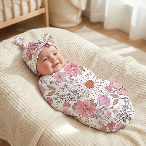 Image of Newborn Swaddle Set with Matching Headband Hat and Bow Set Floral Baby Girl Receiving Blanket Nursery Wildflower Baby Blanket