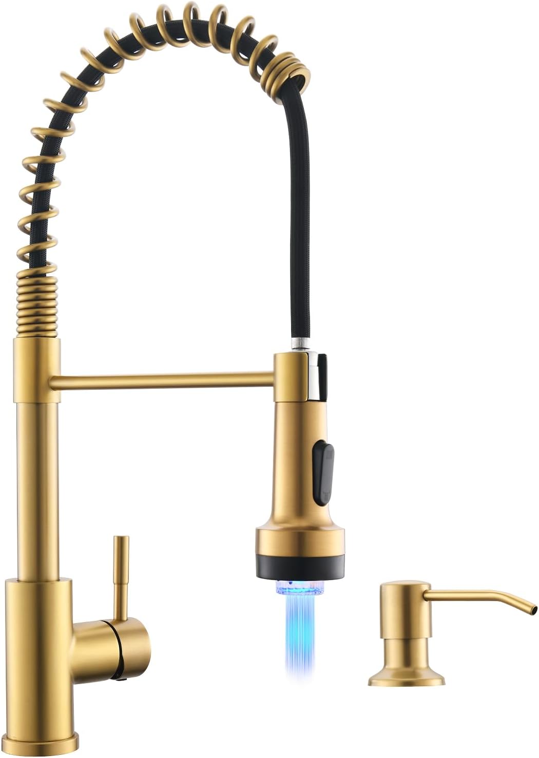 Gold Kitchen Faucet with Soap Dispenser Single Hole Pull Down Sprayer LED Faucet, Suitable for Farmhouses, RV, Laundry Room, Outdoor, and Campers. Llave para fregadero de cocina