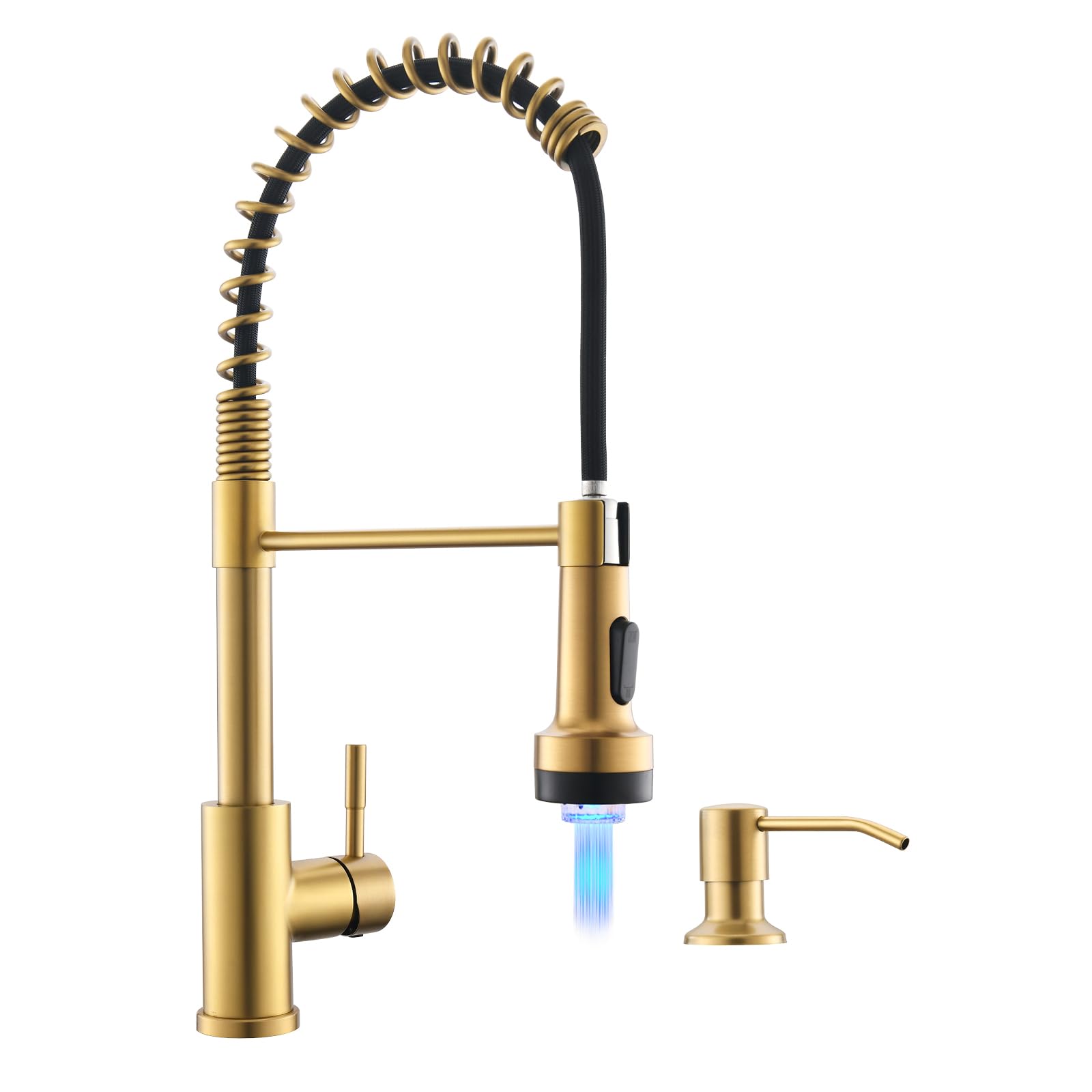 GIMILI Gold Kitchen Faucet with Soap Dispenser Single Hole Pull Down Sprayer LED Faucet, Suitable for Farmhouses, RV, Laundry Room, Outdoor, and Campers. Llave para fregadero de cocina