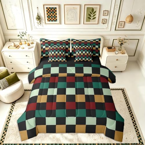 Image of Checkered Retro Comforter Set With Sheets 7 Piece Twin Size Green Red Yellow Plaid Bedding Set for Kids Boys Girls Geometric Vintage Bed in a Bag Modern Simple Groovy Aesthetic Room Decor Soft