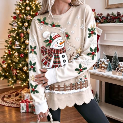 Holiday Sweatshirts for Women Graphic Scalloped Hem Fashion Pullover Tops | Winter Trends for Women 2026, Christmas, Snowman, Cotton, Cozy, Family, School, Weekend, Everyday, Travel, Casual, Work - image 2