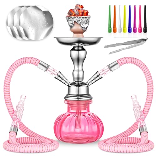 2 Hose Hookah Set 11 Small Shisha Hookah Set With Mini Pumpkin Glass Vase Ceramic Bowl Leather Hose Coal Tong Hookah Foil Disposable Tips (Pink)