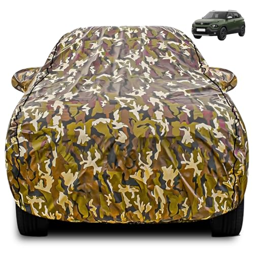 Image of FABTEC Car Body Cover for Tata Punch Jungle Print with Soft Cotton Lining Waterproof Car Cover UV & Rain Protection with Mirror Pocket Bottom Elastic (Military /Camouflage Pattern)