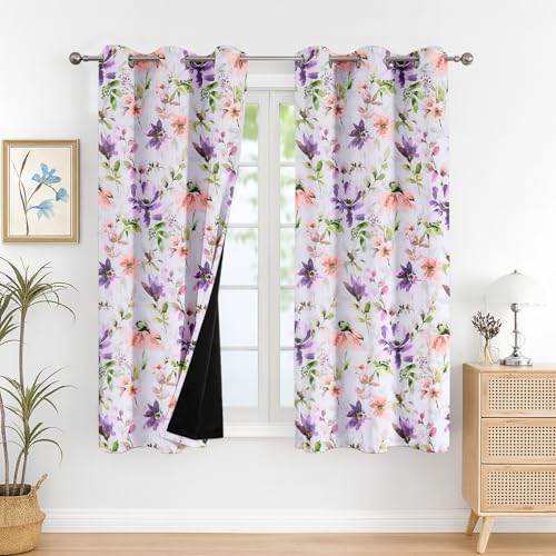 Image of Cloth Fusion Printed 100% Blackout Window Curtains 5 Feet Long Set of 2, Room Darkening Parda with Stainless Steel Grommets for Home Decor (5x4.5 Feet, Purple Lotus)