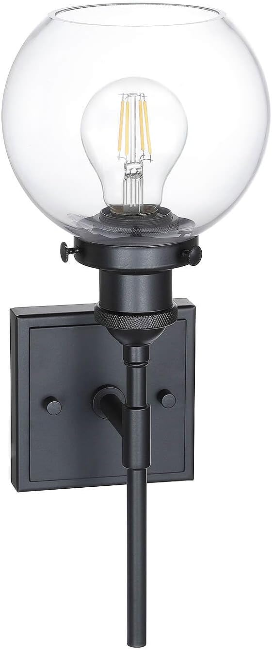 XiNBEi Lighting Black Wall Sconce, 1 Light Vanity Light Fixture with Globe Glass Modern Sconces wall Lighting for Bathroom Mirror Bedroom Hallway XB-W1275-1-MB