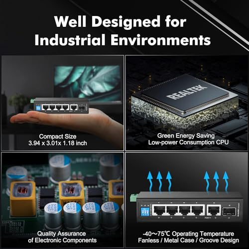 Switch Industrial Gigabit PoE de 6 Puertos MokerLink con Riel DIN, 4 Puertos PoE 100/1000Mbps, Estándar IEEE 802.3af/at (PoE+), 1 Uplink Gigabit, 1 SFP, Montaje en Riel DIN y Pared, Carcasa de Metal Negro miniatura 6