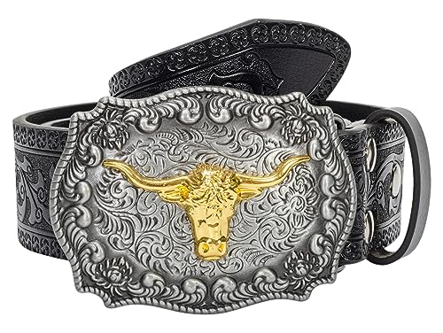 Genuine Leather belts for Men, Western Cowboy Belt, Bull Buckle, Vintage Floral Engraved, 25 to 38