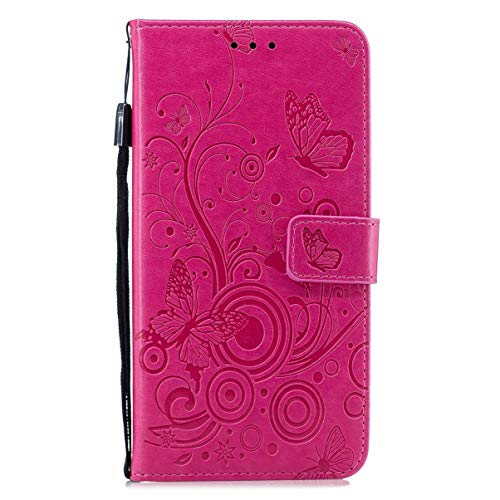 Gelusuk Case for iPhone SE,Butterfly Embossed PU Leather Wallet Flip Cover with Card Slots Stand Shockproof Silicone Bumper TPU Case for iPhone 5/5S/SE-Rose