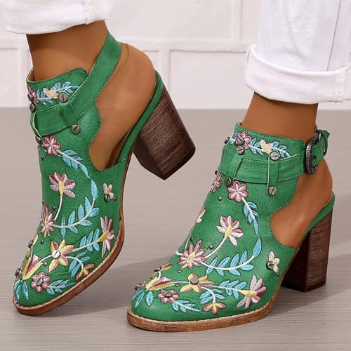 Women's Floral Embroidered Ankle Boots Round Toe Buckled Backless Western Vintage Wooden Chunky Heeled Shorts Booties3