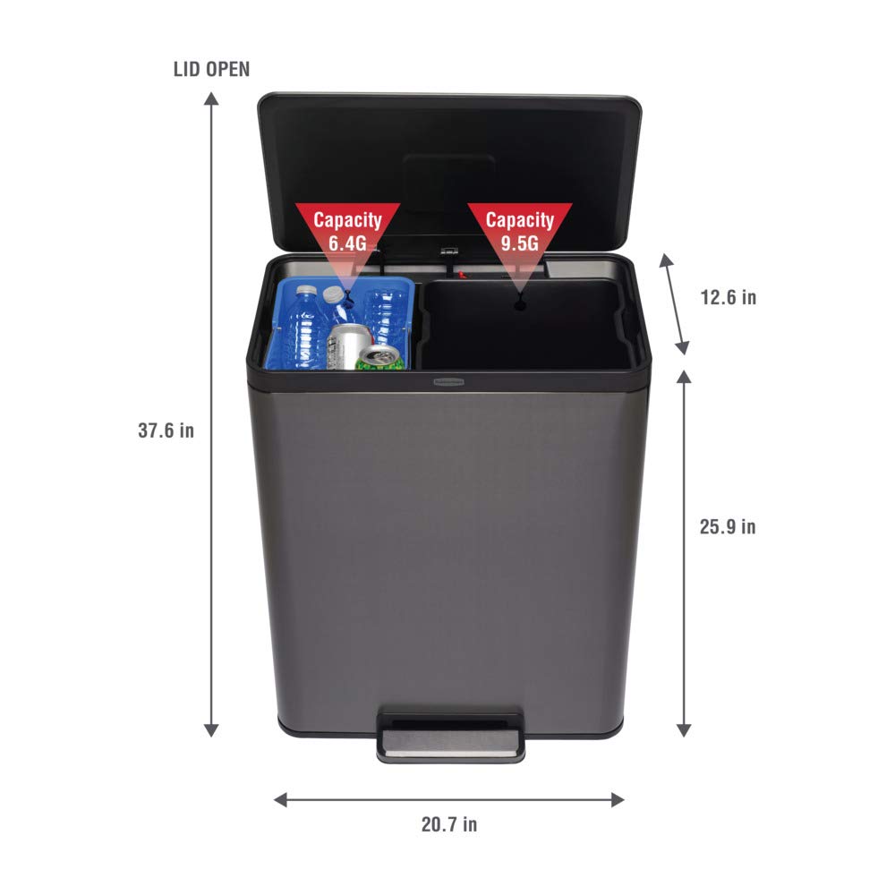 Rubbermaid Elite Stainless Steel Metal Dual Stream Step-On Trash Can for Home and Kitchen Waste and Recycling, 15.9 Gallon, Charcoal