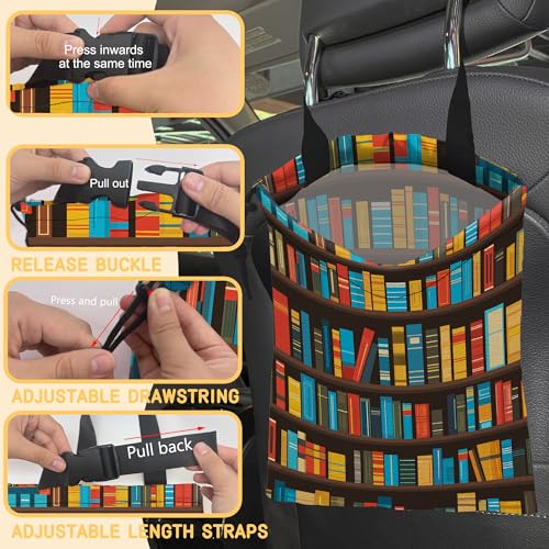 Image of Cartoon Bookshelf Car Trash Bag, Strap Drawstring Car Garbage Bags,Car Back Seat Organizer with Adjustable Buckle for Car Accessories