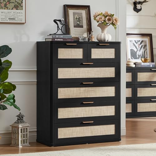 Image of LEYAOYAO Rattan Dresser for Bedroom Set of 2, 42 inch Tall Chest of Drawers, Modern 6 Drawers Boho Dressers with Storage, Light Oak Dresser Wooden Closet Organizer for Living Room, Hallway, Black