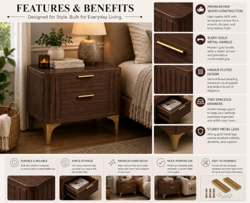 Image of Solid Sheesham Wood Bedside Table for Bedroom & Livingroom | Nightstand End Table with 2 Drawers Storage for Home | Modern & Luxury Design| (Walnut Finish 1)