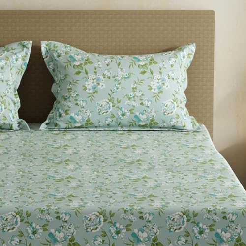 Image of Layers 100% Cotton Bedsheet for Double Size Bed | Lumina Floret Collection | 144 TC Soft & Breathable | Floral Print with 2 Pillow Covers | Wrinkle Free & Colorfast | 3 Pcs Bedding Set - Green & Blue