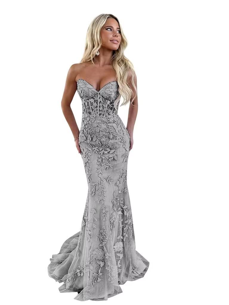 Tulle Lace Appliques Prom Dress 2026 Long Mermaid Strapless Ball Gown Evening Dresses for Women