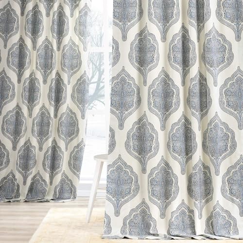 Image of Half Price Drapes PRTW-D37-120 Printed Cotton Twill Curtain, Arabesque Blue