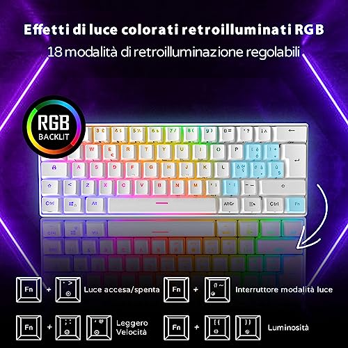 RK61 Tastiera Gaming Meccanica, 60% Tastiera Wireless 2.4Ghz/Bluetooth/USB-C RGB Backlit Interruttore Rosso Hot Swap Double-Shot ABS Keycaps Compatibile con Win/Mac, Bianco (QWERTY Layout Italiano) - Tastiera gaming - Immagine 4