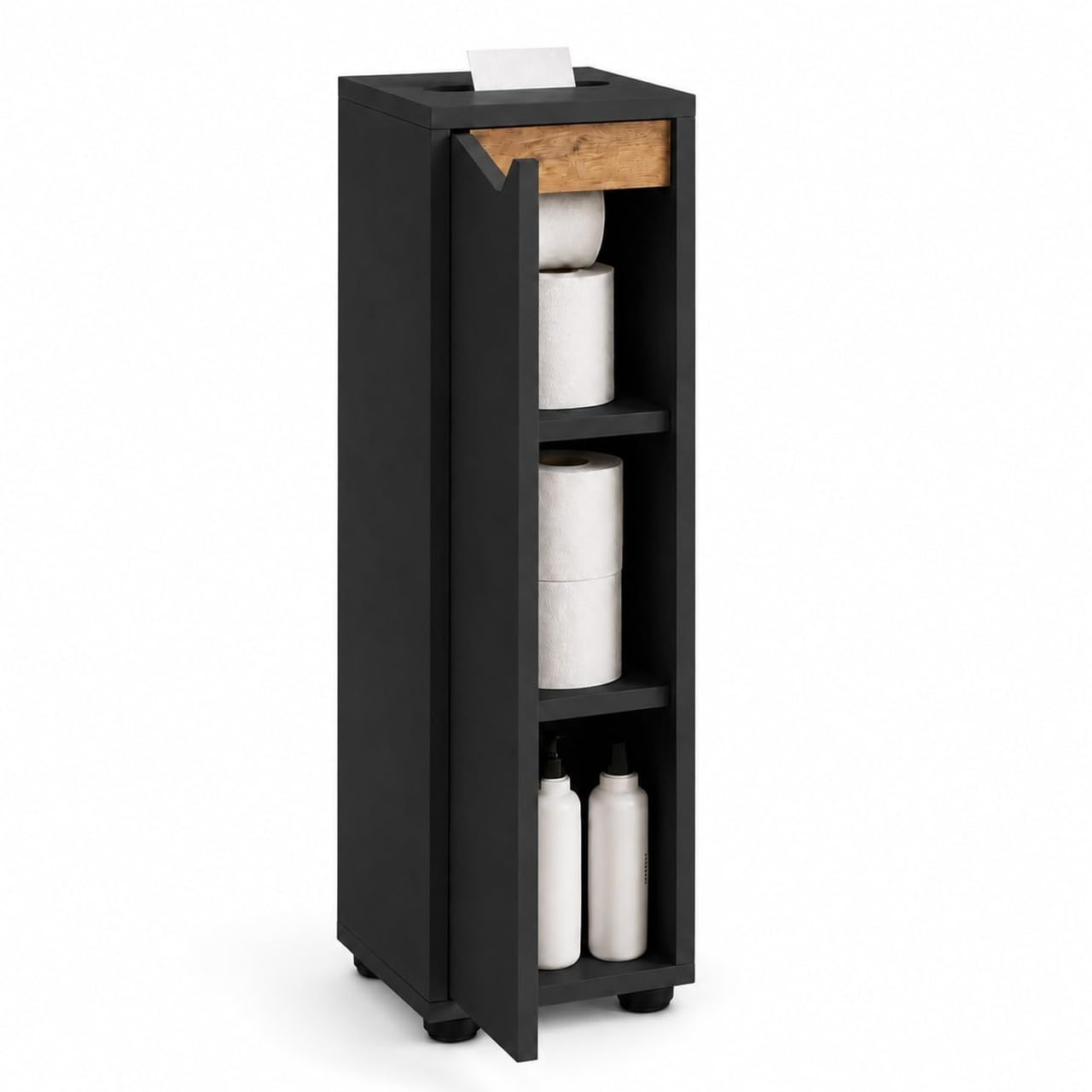 URBNLIVING Slim Toilet Roll Cabinet, Dispenser (Black & Rustic Oak)