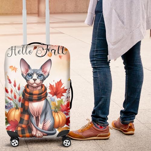 Hello Fall Sphynx Scarf Welcome Autumn with Leaves Pumpkins Travel Luggage Cover Cat Lover Kitten Owner Gifts Idea Suitcase Dust Protective Decor - 000114