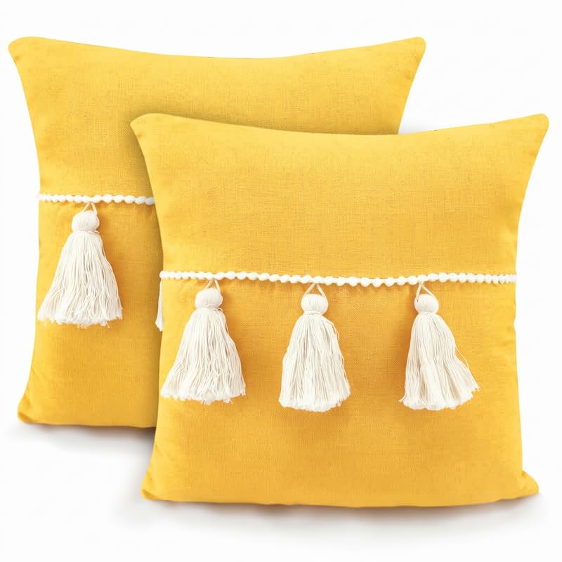 Image of Bird Wing |Set of 2 Sunflower Yellow Colour Decorative Cotton Cushion Covers with Tassels Luxury Pillows Bedroom Bed Decor Covers Sofa Tassel Cushion Cover 50x50 cm 20x20 Inch,