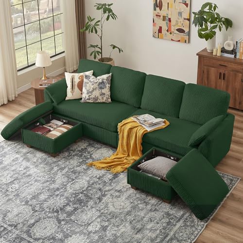 Image of Sectional Sofa with Storage Ottomans & Coffee Table, 4 Seat U Shaped Couches for Living Room: Corduroy Fabric | Double Movable Chaise Ottoman | Storage Long Bench | Modern Convertible Couch Set, Green