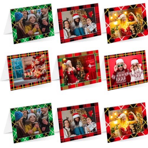 Motiskyy 100 Set Christmas Photo Frame Greeting Cards with Envelopes and Stickers Bulk Christmas Picture Cards with 4 x 6 Photo Insert Xmas Holiday Party Greeting Supplies(Plaid)